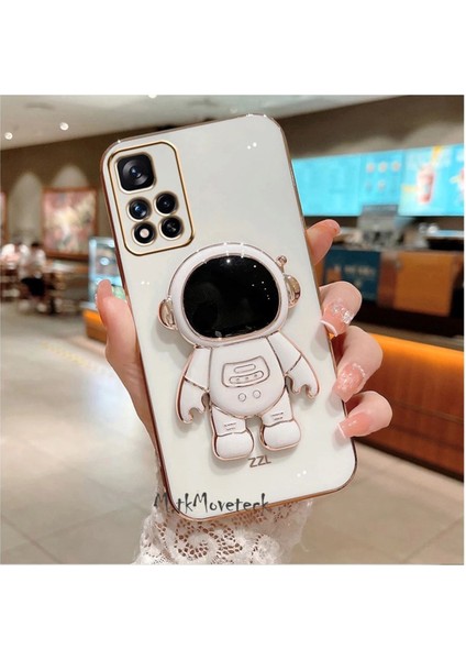 Xiaomi Redmi 10 Astronot Kılıf Standlı Sevimli Parlak Gold Altın Kenarlı Tam Korumalı Açılıp Kapanan Stand