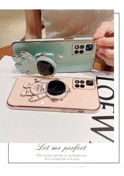 Xiaomi Redmi 10 Astronot Kılıf Standlı Sevimli Parlak Gold Altın Kenarlı Tam Korumalı Açılıp Kapanan Stand
