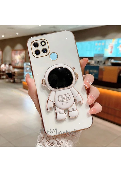 MTK Moveteck Xiaomi Redmi 9c Astronot Kılıf Standlı Sevimli Parlak Gold Altın Kenarlı Tam Korumalı Açılıp Kapanan Stand