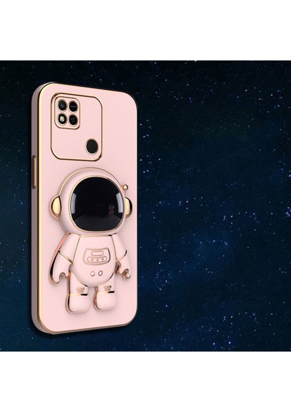 Xiaomi Redmi 9c Astronot Kılıf Standlı Sevimli Parlak Gold Altın Kenarlı Tam Korumalı Açılıp Kapanan Stand