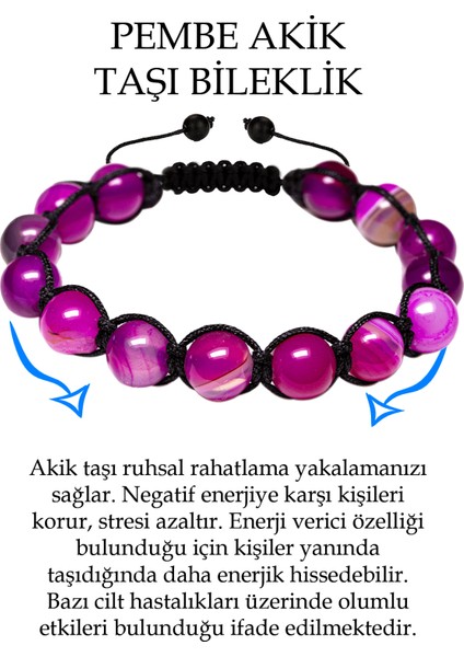Sertifikalı Parlak Pembe Akik Taşı Bileklik - Makrome