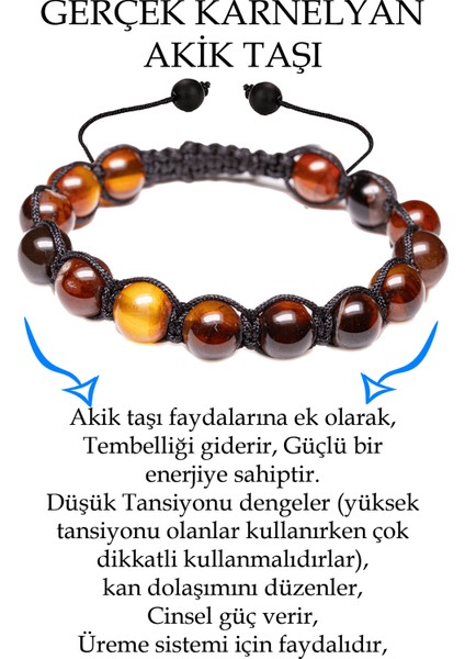 Sertifikalı Siyah - Kızıl Karnelyan - Karneol Akik Taşı Bileklik - Makrome