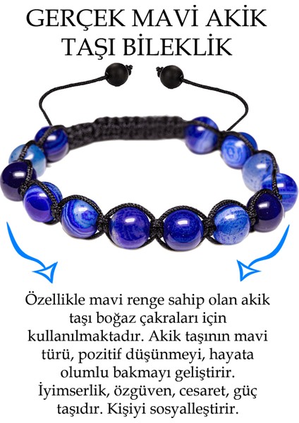 Sertifikalı Damarlı Mavi Akik Taşı Bileklik - Makrome
