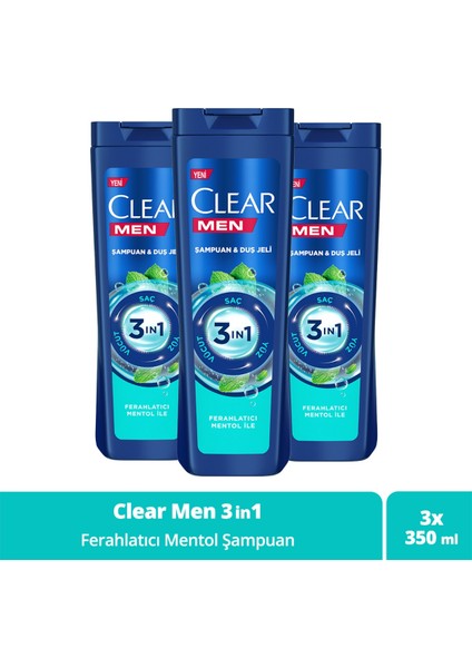 Men 3 in 1 Şampuan & Duş Jeli Ferahlatıcı Mentol Etkisi Saç Yüz Vücut İçin 350 ml x3