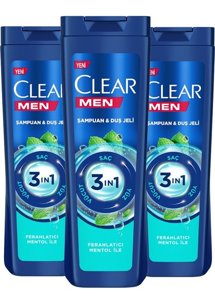 Men 3 in 1 Şampuan & Duş Jeli Ferahlatıcı Mentol Etkisi Saç Yüz Vücut İçin 350 ml x3