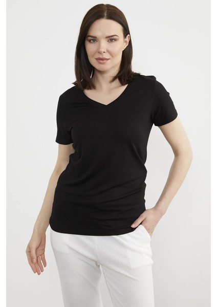 V Yaka Dökümlü Basic Tişört - Siyah fiyatları