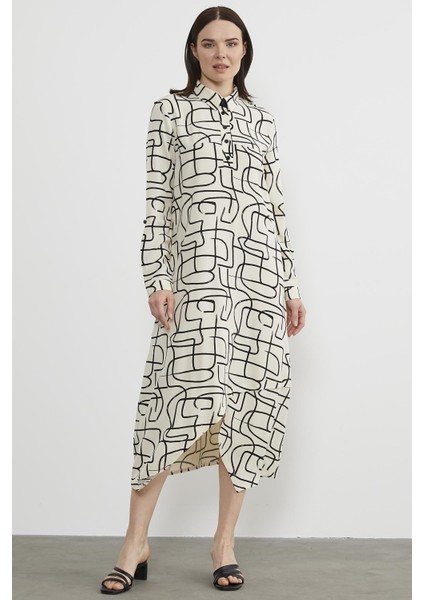 Geometrik Desenli Gömlek Yaka Elbise - Ekru