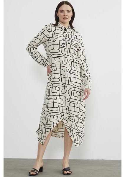 Geometrik Desenli Gömlek Yaka Elbise - Ekru fiyatları