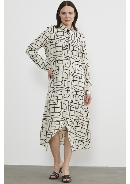 Geometrik Desenli Gömlek Yaka Elbise - Ekru modelleri