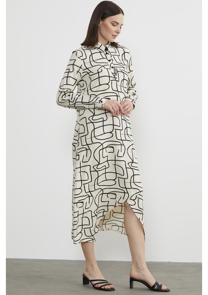 Geometrik Desenli Gömlek Yaka Elbise - Ekru fırsatları