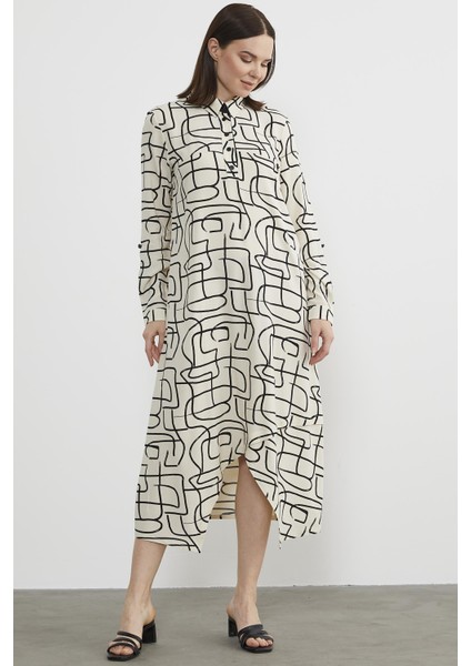 Geometrik Desenli Gömlek Yaka Elbise - Ekru indirimleri