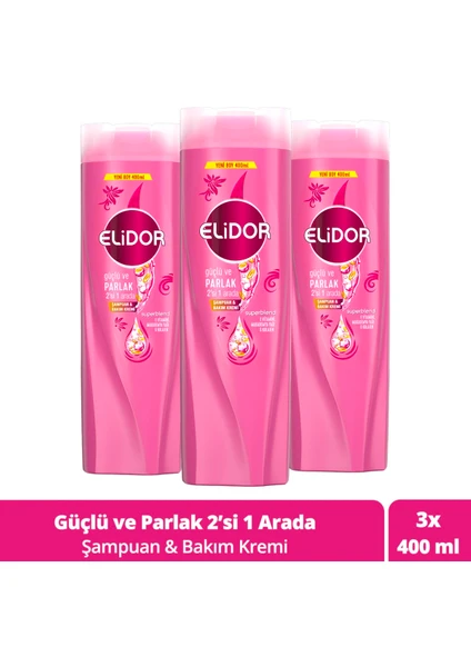 Superblend Şampuan ve Bakım Kremi Güçlü ve Parlak 2'si 1 Arada E Vitamini Makademya Yağı Kolajen 400 ml x3