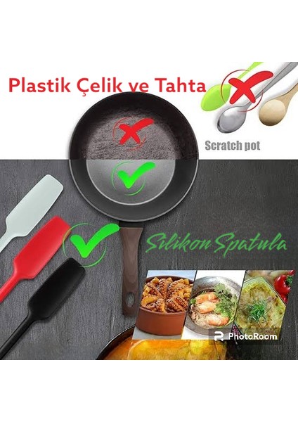 Silikon Kaşık Spatula Seti 2lı Büyük Boy Yanmaz Yapışmaz Çizmez Siyah