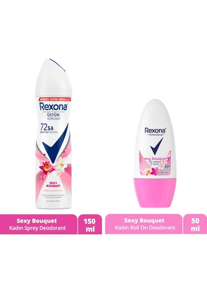 Kadın Sprey Deodorant Sexy Bouquet 72 Saat Kesintisiz Üstün Koruma 150 ml + Kadın Roll On Dedororant 50 ml