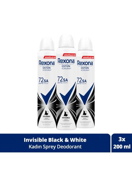 Kadın Sprey Deodorant Invisible Beyaz Iz Sarı Leke Karşıtı 72 Saat Koruma 200 ml X3