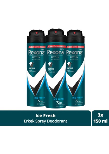 Men Erkek Sprey Deodorant Invisible Ice Fresh 72 Saat Kesintisiz Üstün Koruma 150 ml X3