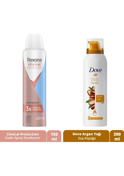 Clinical Protection Kadın Sprey Deodorant 150 ml + Dove Köpük Duş Jeli Argan Yağı 10 Kat Daha Yoğun Köpük Kremsi Formül 200 ml