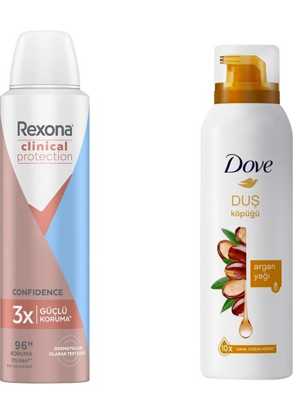Clinical Protection Kadın Sprey Deodorant 150 ml + Dove Köpük Duş Jeli Argan Yağı 10 Kat Daha Yoğun Köpük Kremsi Formül 200 ml fiyatları