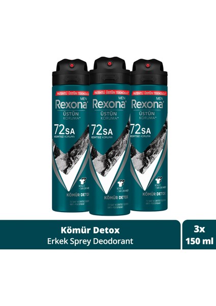 Men Erkek Sprey Deodorant Kömür Detox 72 Saat Kesintisiz Üstün Koruma 150 ml X3
