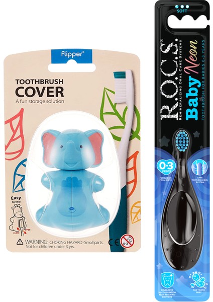 R.o.c.s. Baby Neon 0-3 Yaş Diş Fırçası Mavi ve Flipper Hijyenik Saklama Kabı Seti -Fil