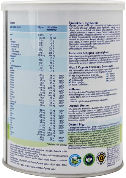 2 Organik Combiotic Devam Sütü 350 gr 6 Adet