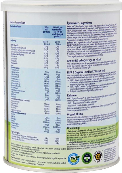 3 Organik Combiotic Devam Sütü 350gr 12 Adet