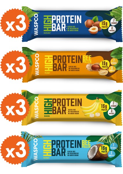 Waspco Yüksek Protein Bar Mini Paket( 50G x 4 Çeşit Toplam 12 Adet)