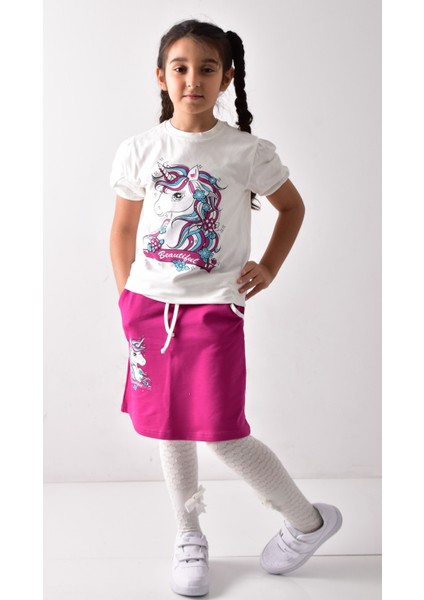Kız Çocuk Baskılı T-Shirt-Etek Takımı