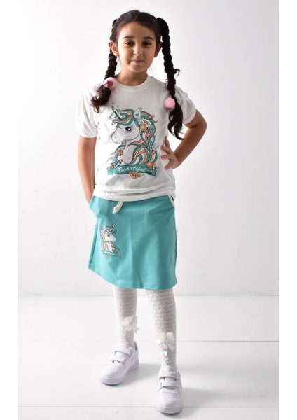 Kız Çocuk Baskılı T-Shirt-Etek Takımı