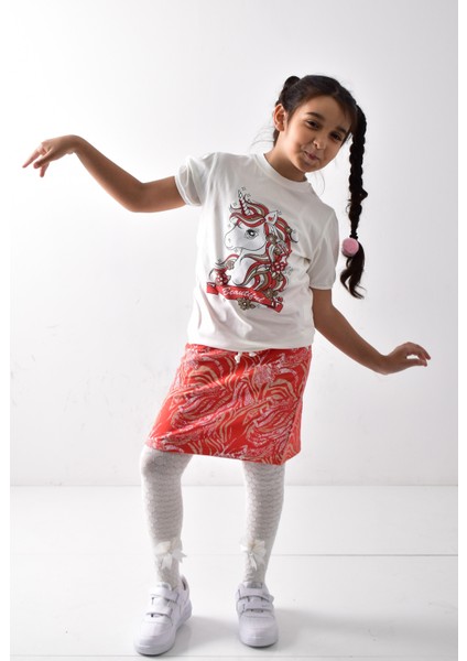 Kız Çocuk Baskılı T-Shirt-Etek Takımı