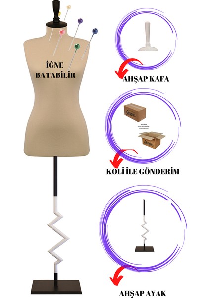 40 Beden Dekoratif Zig Zag Özel Ayaklı Sünger Iğne Batabilen Terzi Mankeni fiyatları