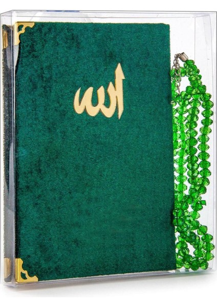 10 Adet Kadife Kaplı Yasin Kitabı - Çanta Boy - Tesbihli - Şeffaf Kutulu - Yeşil - Hediyelik Yasin Seti
