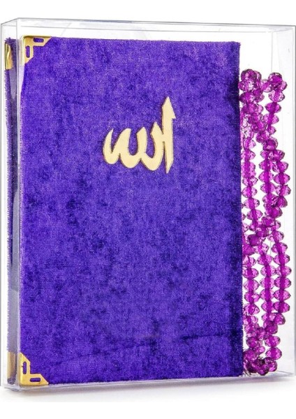 10 Adet Kadife Kaplı Yasin Kitabı - Çanta Boy - Tesbihli - Şeffaf Kutulu - Mor - Hediyelik Yasin Seti