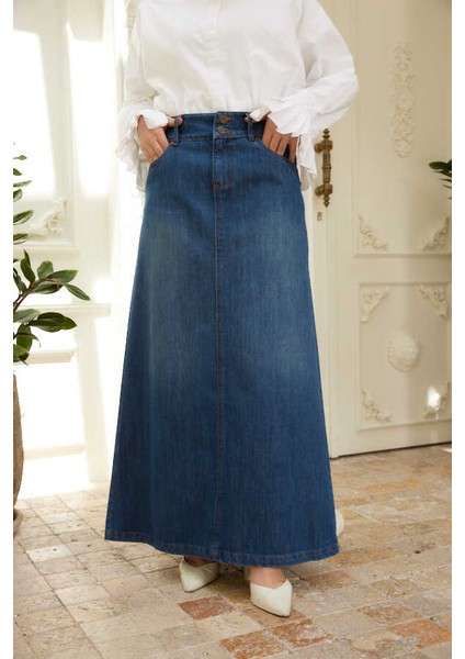 2254-DENIM Klasik Etek Koyu Mavi
