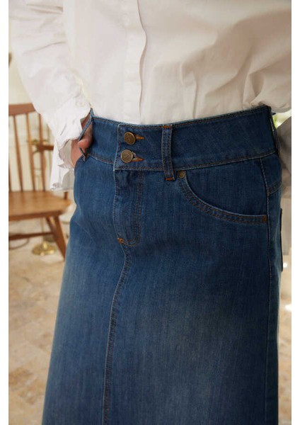 2254-DENIM Klasik Etek Koyu Mavi fiyatları