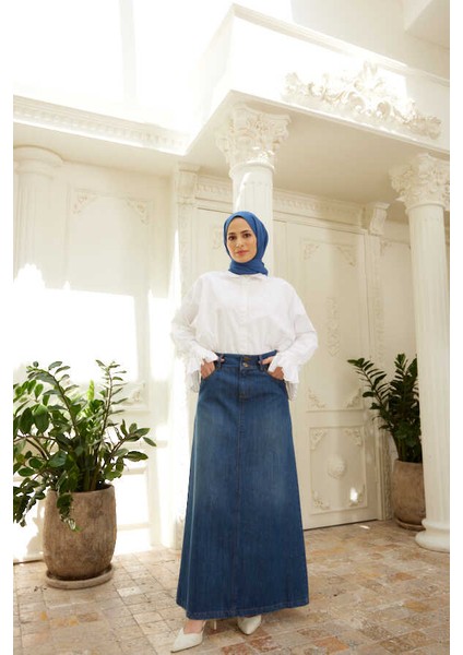 2254-DENIM Klasik Etek Koyu Mavi indirimleri
