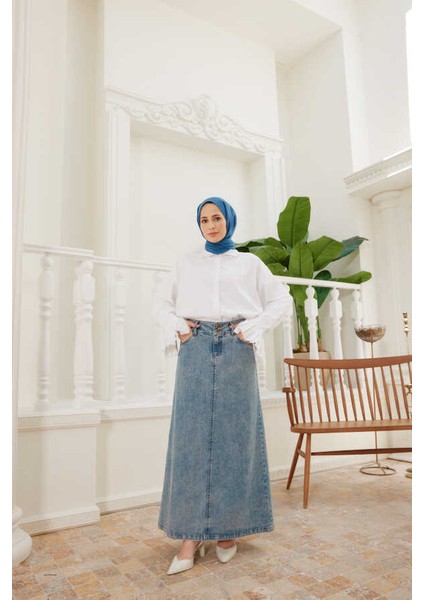 2254-DENIM Klasik Etek Mavi indirimleri