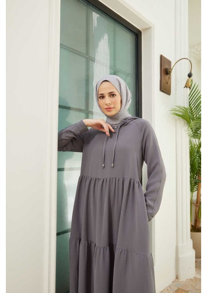 6531-BERLIN Kapşonlu Reglan Kollu Elbise Gri