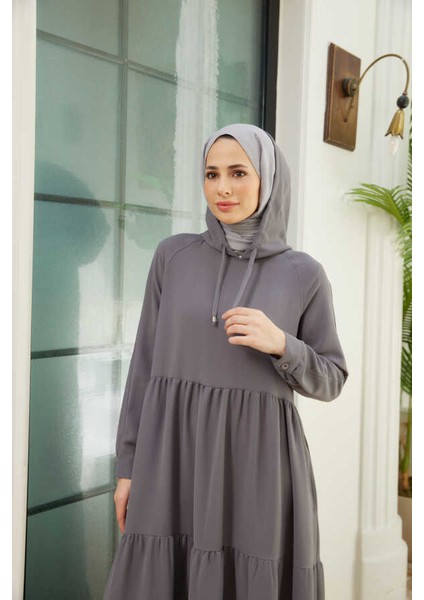 6531-BERLIN Kapşonlu Reglan Kollu Elbise Gri