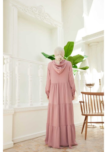 6531-BERLIN Kapşonlu Reglan Kollu Elbise Pudra fiyatları