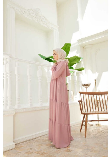 6531-BERLIN Kapşonlu Reglan Kollu Elbise Pudra modelleri