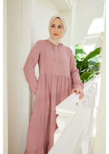 6531-BERLIN Kapşonlu Reglan Kollu Elbise Pudra fırsatları