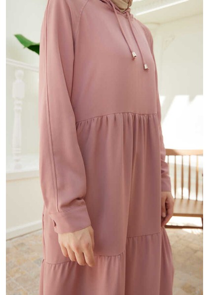 6531-BERLIN Kapşonlu Reglan Kollu Elbise Pudra indirimleri