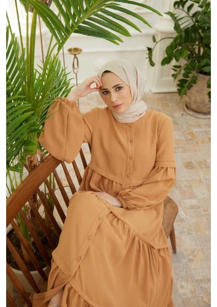 6549-BERLIN Düğmeli Büzgülü Ferace Camel