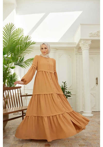 6549-BERLIN Düğmeli Büzgülü Ferace Camel