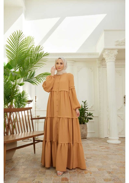 6549-BERLIN Düğmeli Büzgülü Ferace Camel