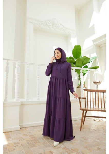 6531-BERLIN Kapşonlu Reglan Kollu Elbise Mürdüm