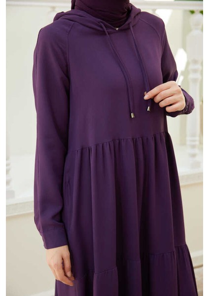 6531-BERLIN Kapşonlu Reglan Kollu Elbise Mürdüm fiyatları