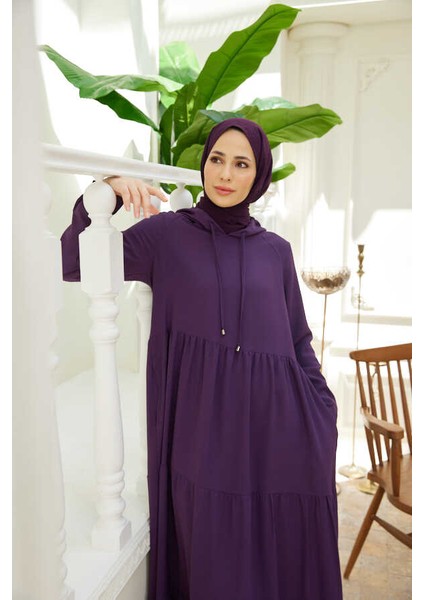 6531-BERLIN Kapşonlu Reglan Kollu Elbise Mürdüm modelleri