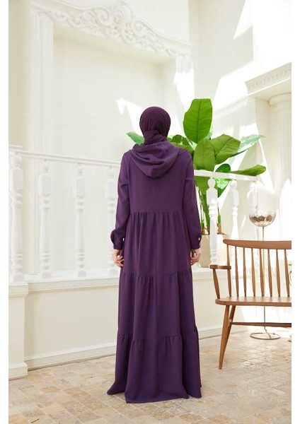 6531-BERLIN Kapşonlu Reglan Kollu Elbise Mürdüm fırsatları